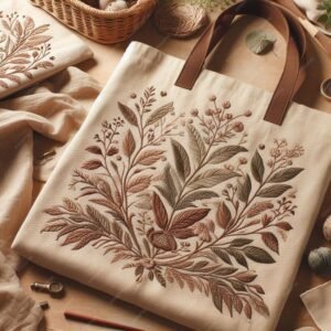 NatureVia Nakış İşlemeli Bambu Bez Çanta – Yaprak Desenli