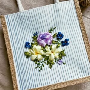 NatureVia Nakış İşlemeli Bambu Bez Çanta – Mavi Çizgili