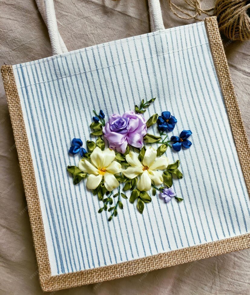 NatureVia Nakış İşlemeli Bambu Bez Çanta – Mavi Çizgili