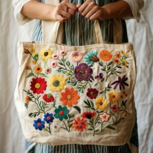 NatureVia Nakış İşlemeli Bambu Bez Çanta (Krem) – Çiçek Desenli