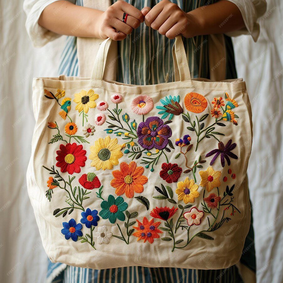 NatureVia Nakış İşlemeli Bambu Bez Çanta (Krem) – Çiçek Desenli